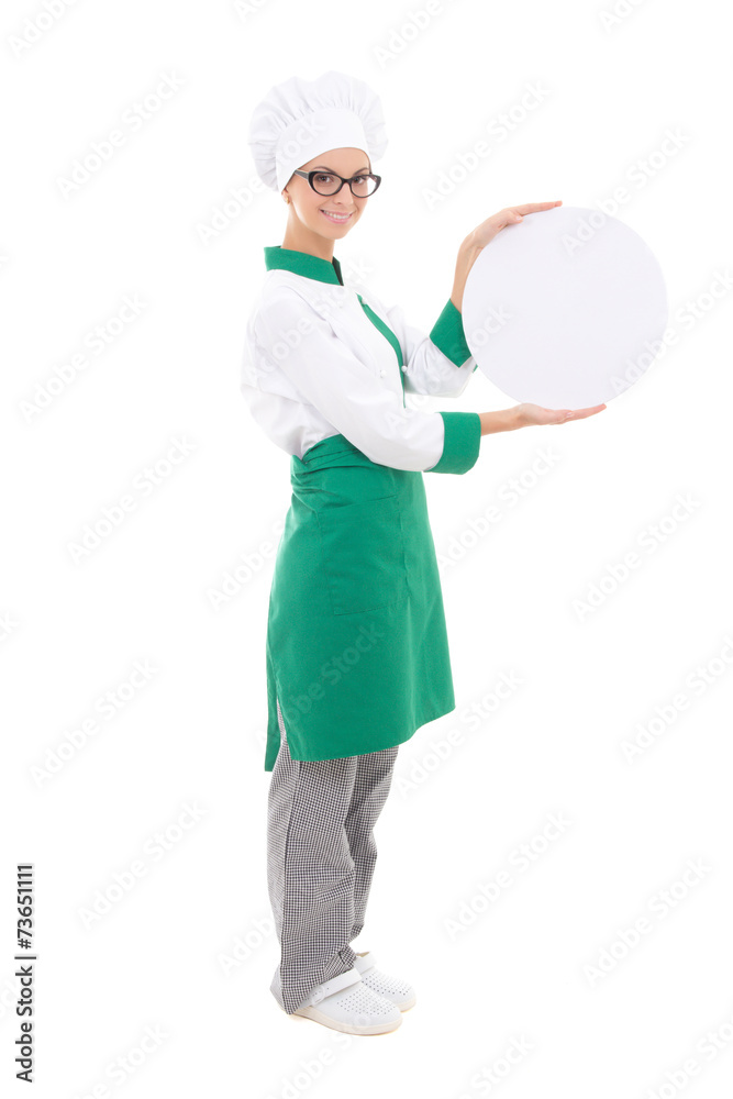 young chef woman in uniform holding big tray with copy space - young chef woman in uniform holding big tray with copy space -