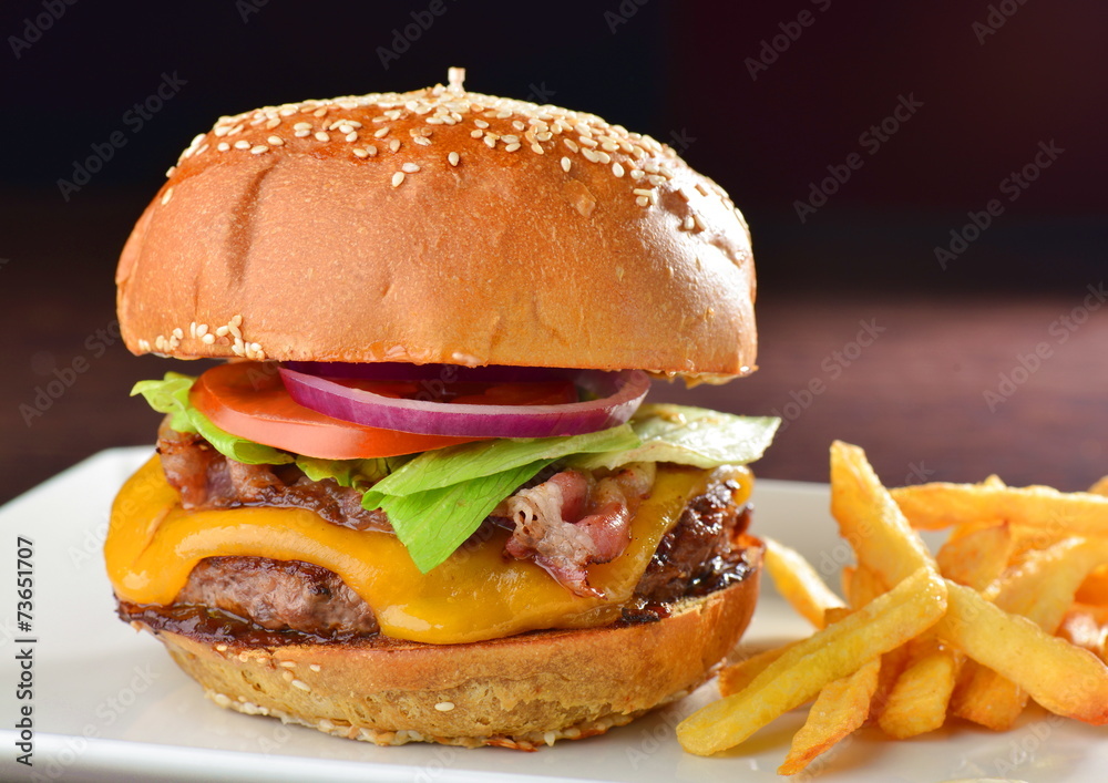 American cheese burger with fresh salad and french fries