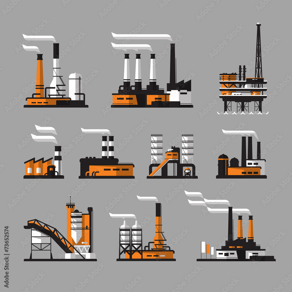 industrial factory icons on gray background