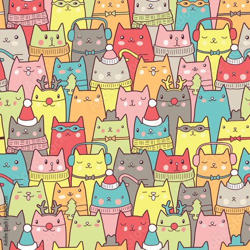 Christmas cats seamless pattern