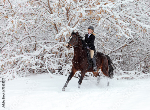 Equestrian riding a snow forest under a heavy snowfall