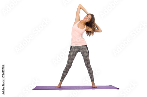 Young woman doing sport exercises isolated on white