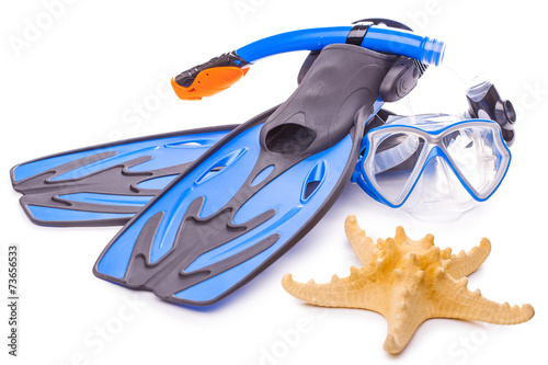 Blue diving goggles,snorkel and flippers. isolated