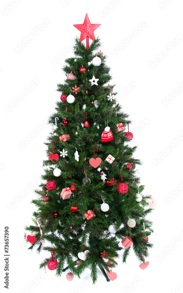 Decorated Christmas tree with patchwork ornament red star Decorated Christmas tree with patchwork ornament red star
