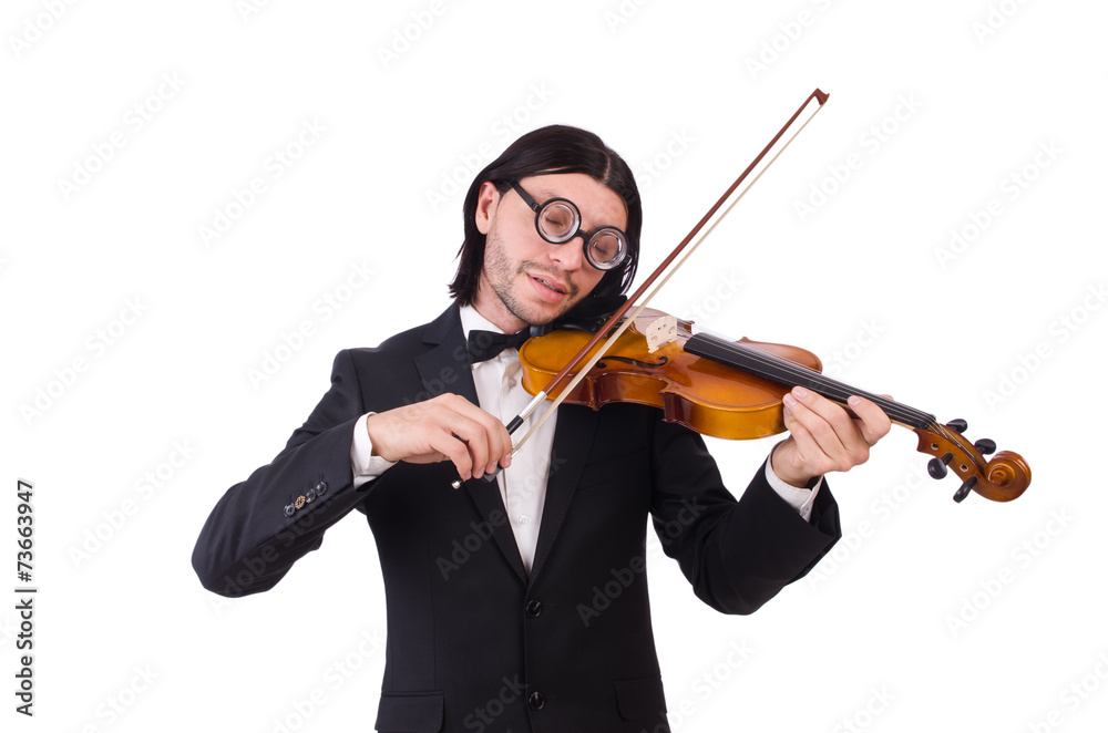 Funny man with music instrument on white Funny man with music instrument on white