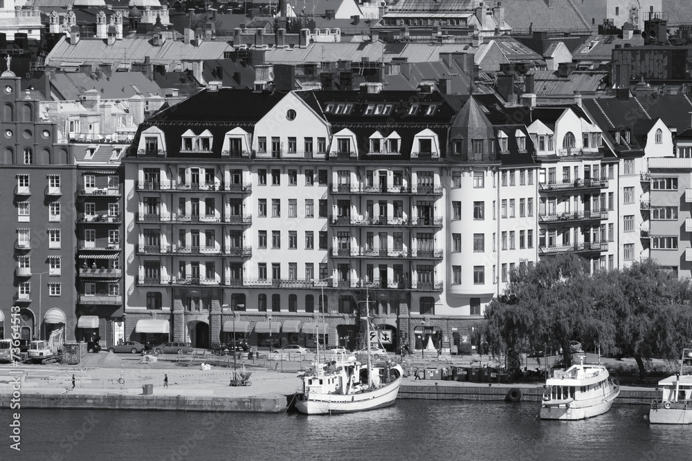 Stockholm city. Black and white photo.