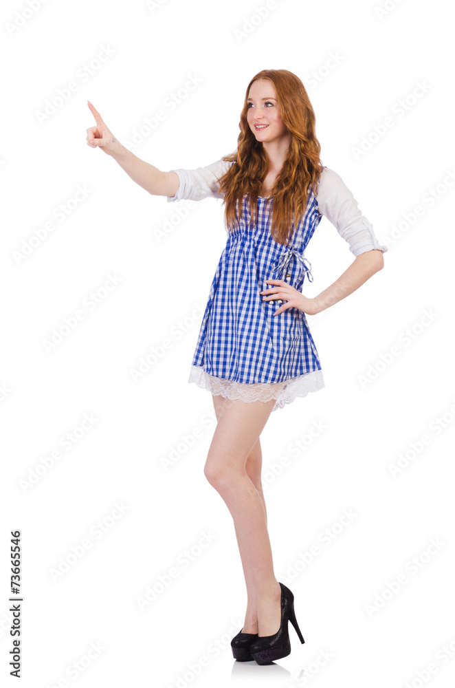 Woman pressing virtual button isolated on white Woman pressing virtual button isolated on white