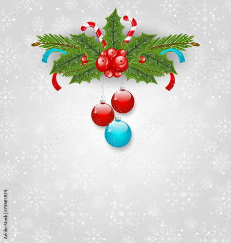 Christmas background with balls, holly berry, pine and sweet can