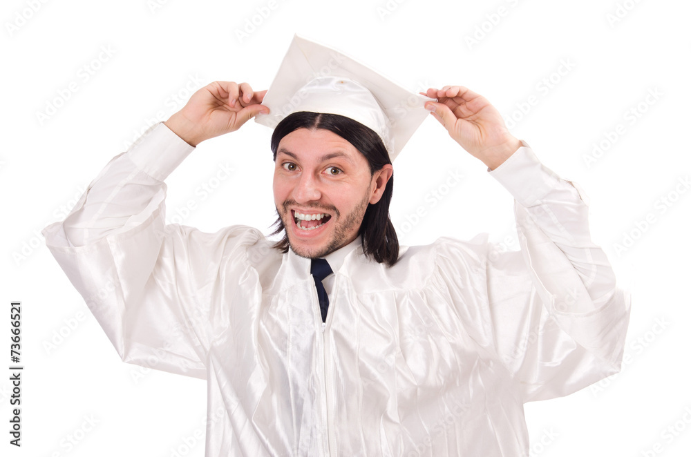 Young male student graduated from high school on white Young male student graduated from high school on white