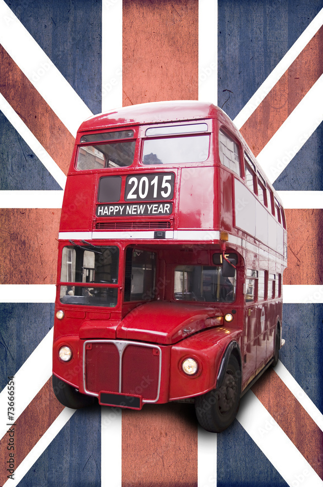 2015 happy new year written on a London red bus - obrazy, fototapety, plakaty 
