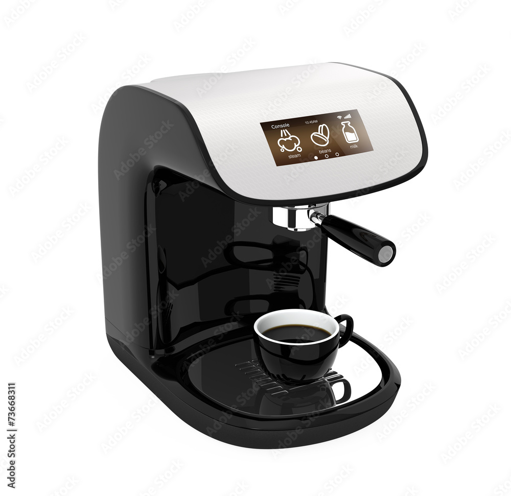 Stylish coffee machine with touch screen on white background Stylish coffee machine with touch screen on white background