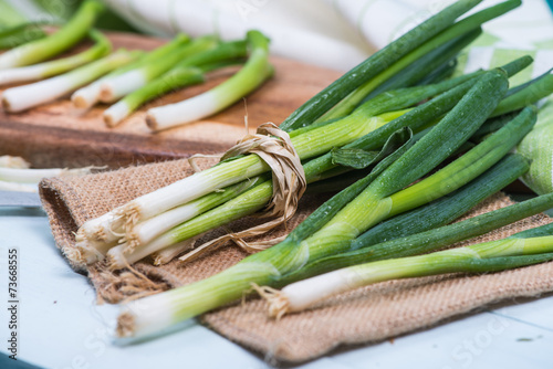 fresh spring onion bunch on wooden table
