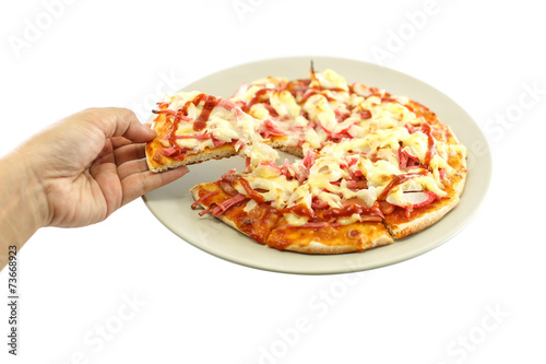 Hand holding piece of pizza isolated on white background