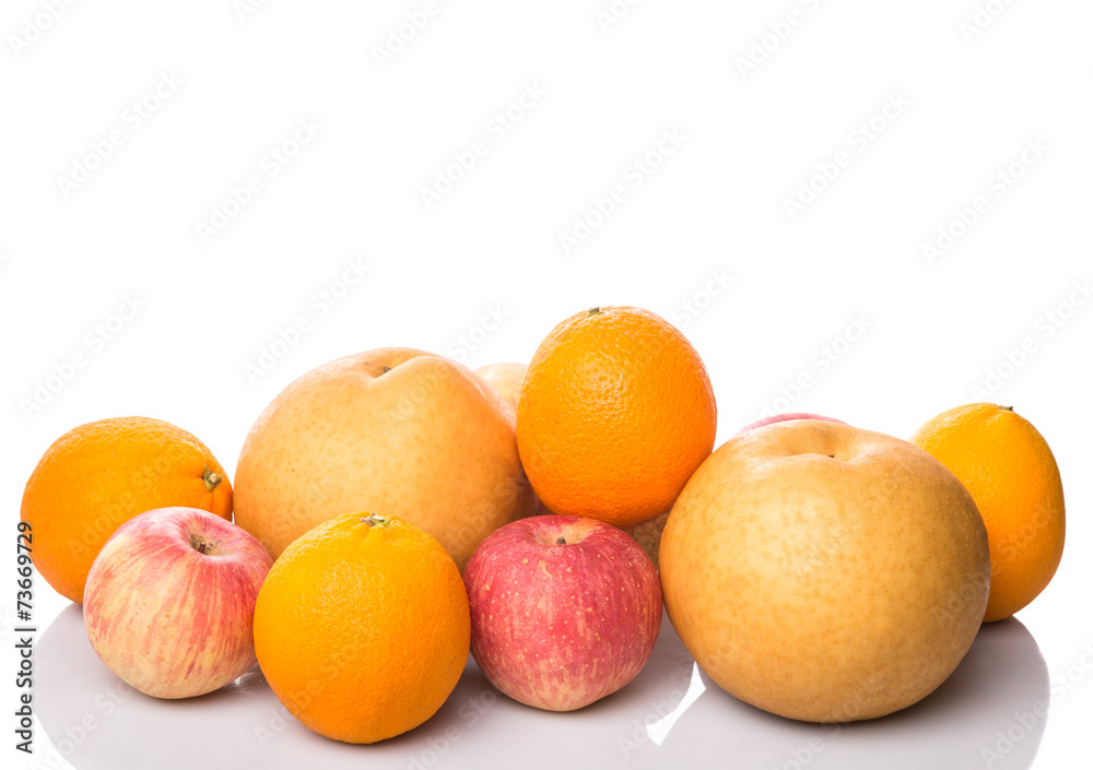 Gala apples, Nashi Asian pears and oranges over white background Gala apples, Nashi Asian pears and oranges over white background