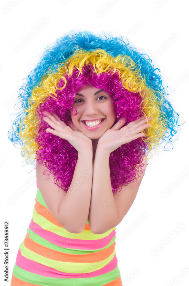 Woman with colourful wig isolated on white Woman with colourful wig isolated on white