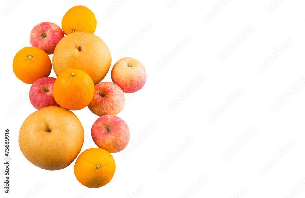 Gala apples, Nashi Asian pears and oranges over white background Gala apples, Nashi Asian pears and oranges over white background