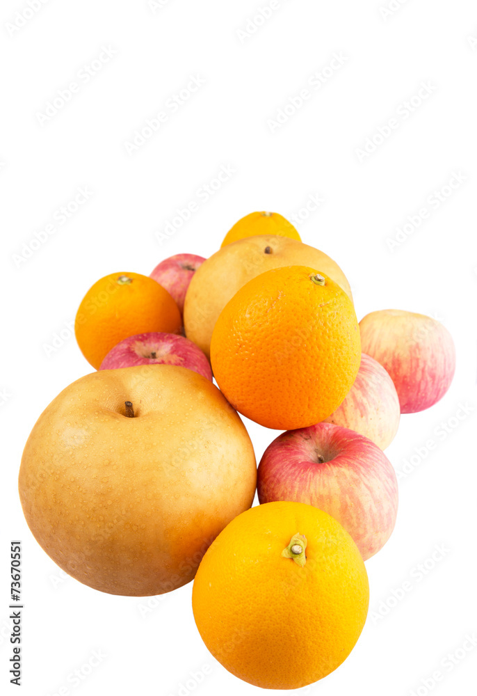 Gala apples, Nashi Asian pears and oranges over white background Gala apples, Nashi Asian pears and oranges over white background