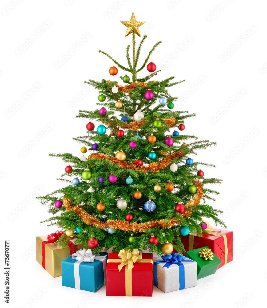 Schicker Weihnachtsbaum mit bunten Geschenken - obrazy, fototapety, plakaty 