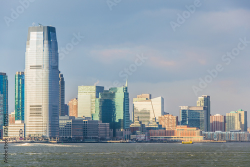 Skyline of Jersey City on bright summer day