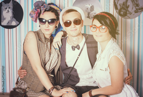 company of young hipsters have fun house leisure