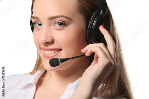 Smiling call center young woman ready for support and contact, i
