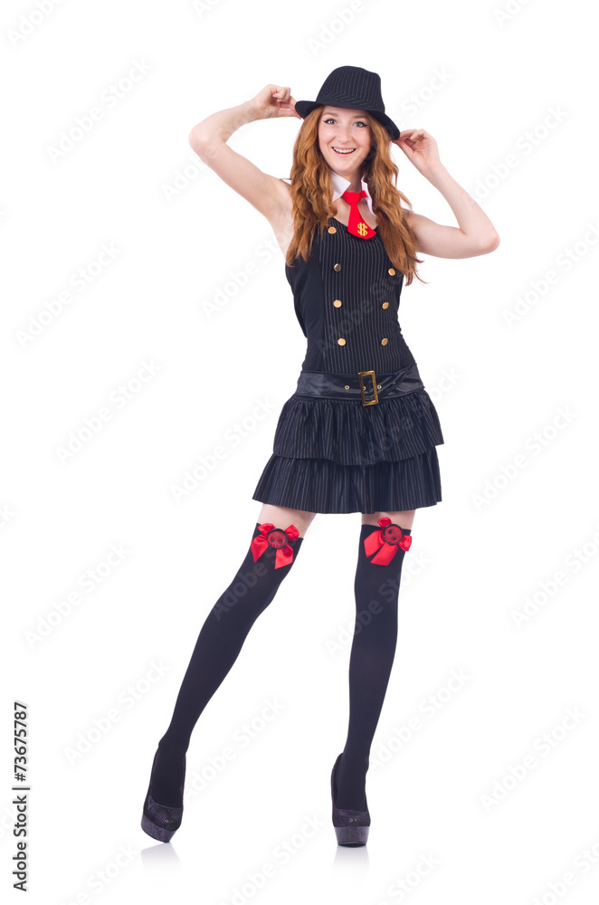 Woman dressed as gangster isolated on white Woman dressed as gangster isolated on white