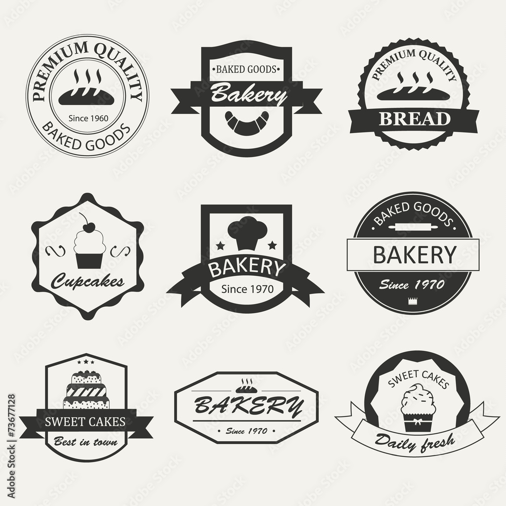 Retro bakery logos, badges and labels set. Baked goods design el Retro bakery logos, badges and labels set. Baked goods design el