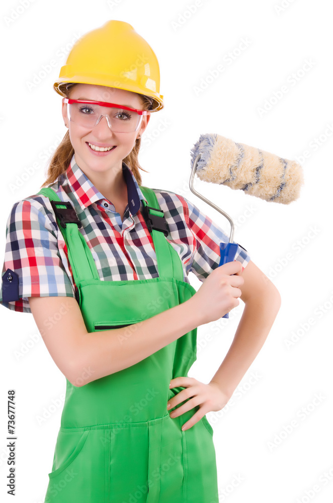 Funny woman painter in construction concept isolated on white Funny woman painter in construction concept isolated on white
