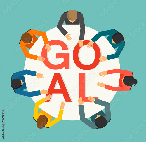 People joining letters on the table building word GOAL, vector