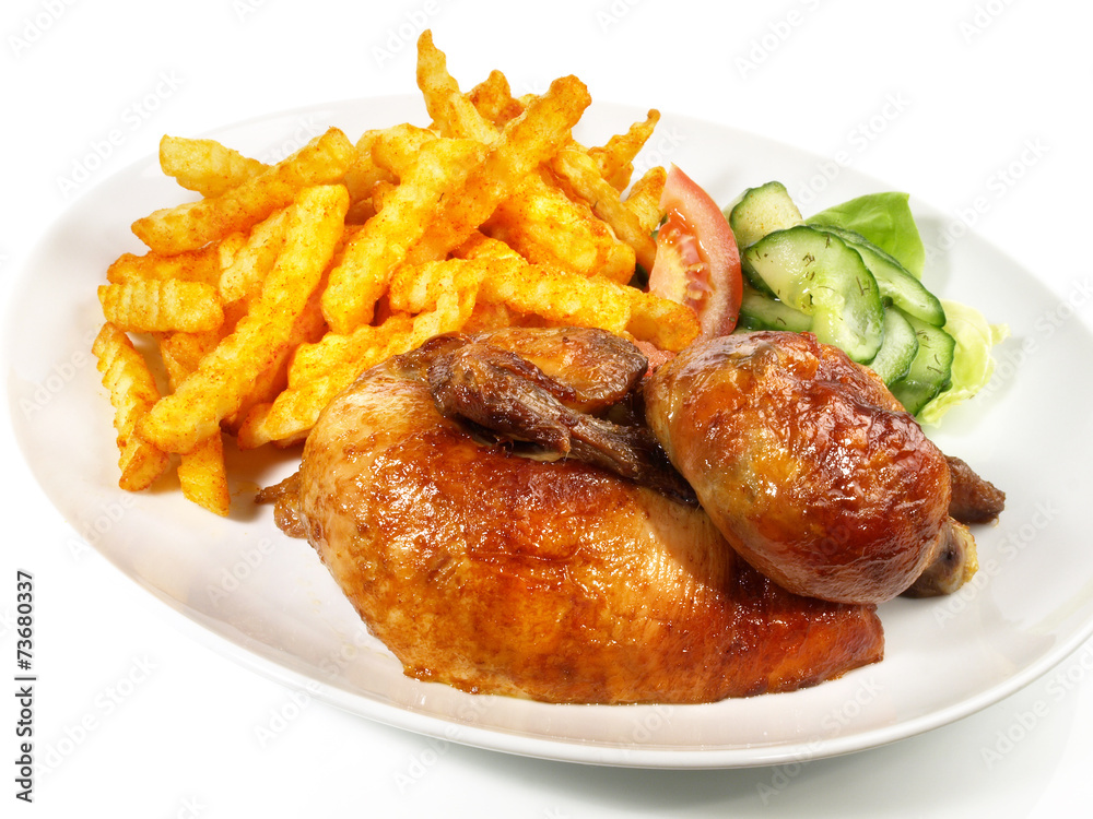 Halbes Hähnchen mit Pommes Frites Stock Photo Adobe Stock