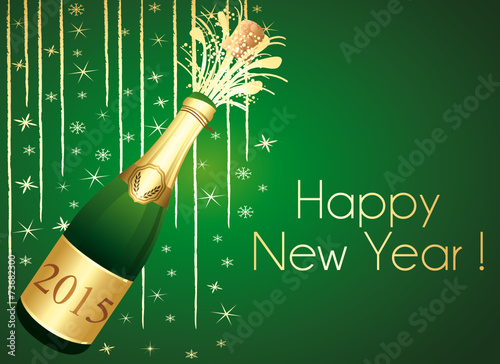 Gold and green Champaign greeting card. Happy New Year !