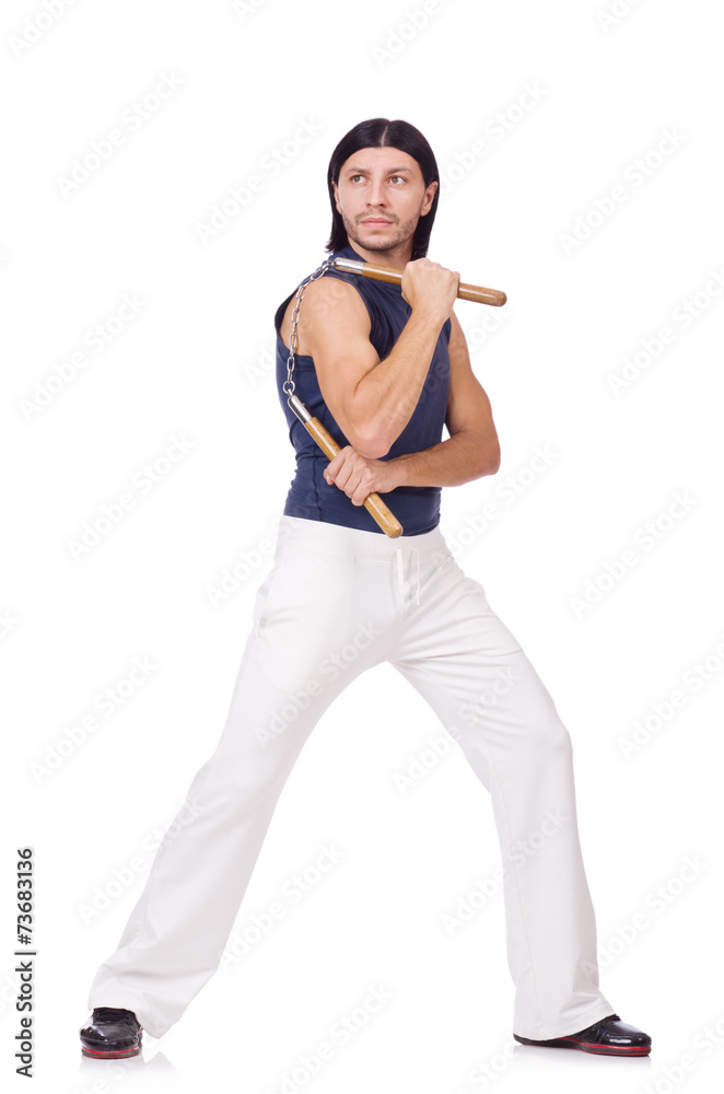 Funny karate fighter with nunchucks on white Funny karate fighter with nunchucks on white