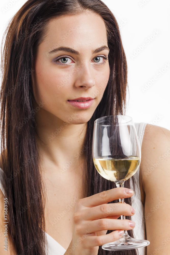portrait of young woman with a glass of white wine portrait of young woman with a glass of white wine