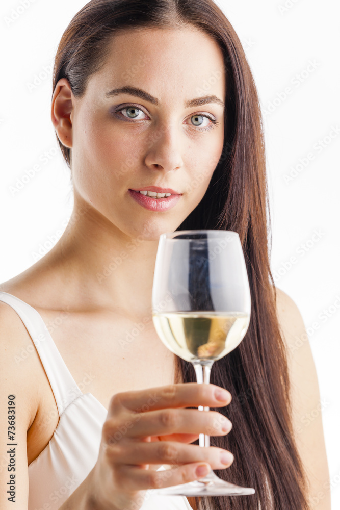 portrait of young woman with a glass of white wine portrait of young woman with a glass of white wine