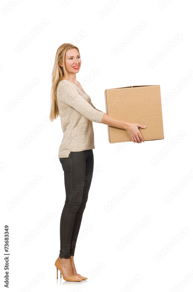 Woman with boxes relocating to new house isolated on white Woman with boxes relocating to new house isolated on white