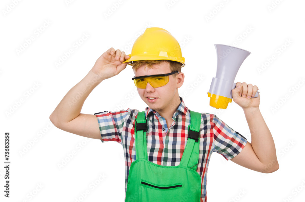 Funny construction worker with loudspeaker on white