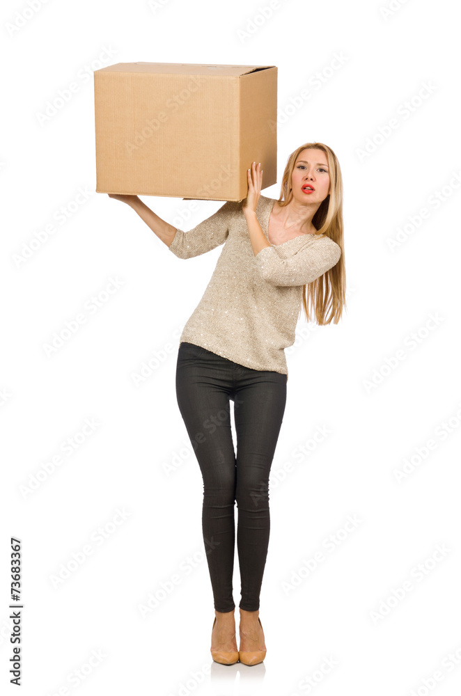 Woman with boxes relocating to new house isolated on white Woman with boxes relocating to new house isolated on white