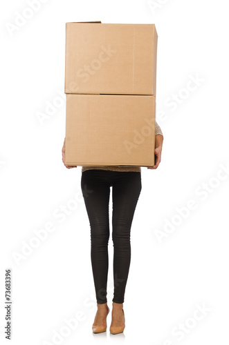 Woman with boxes relocating to new house isolated on white