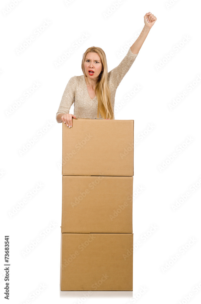 Woman with boxes relocating to new house isolated on white Woman with boxes relocating to new house isolated on white