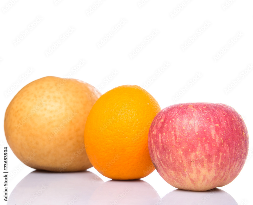 Gala apples, Nashi Asian pears and oranges over white background Gala apples, Nashi Asian pears and oranges over white background