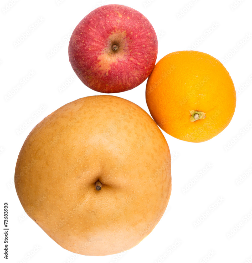 Gala apples, Nashi Asian pears and oranges over white background Gala apples, Nashi Asian pears and oranges over white background