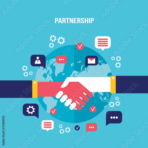Handshake and icons for web on world map background Successful business concept