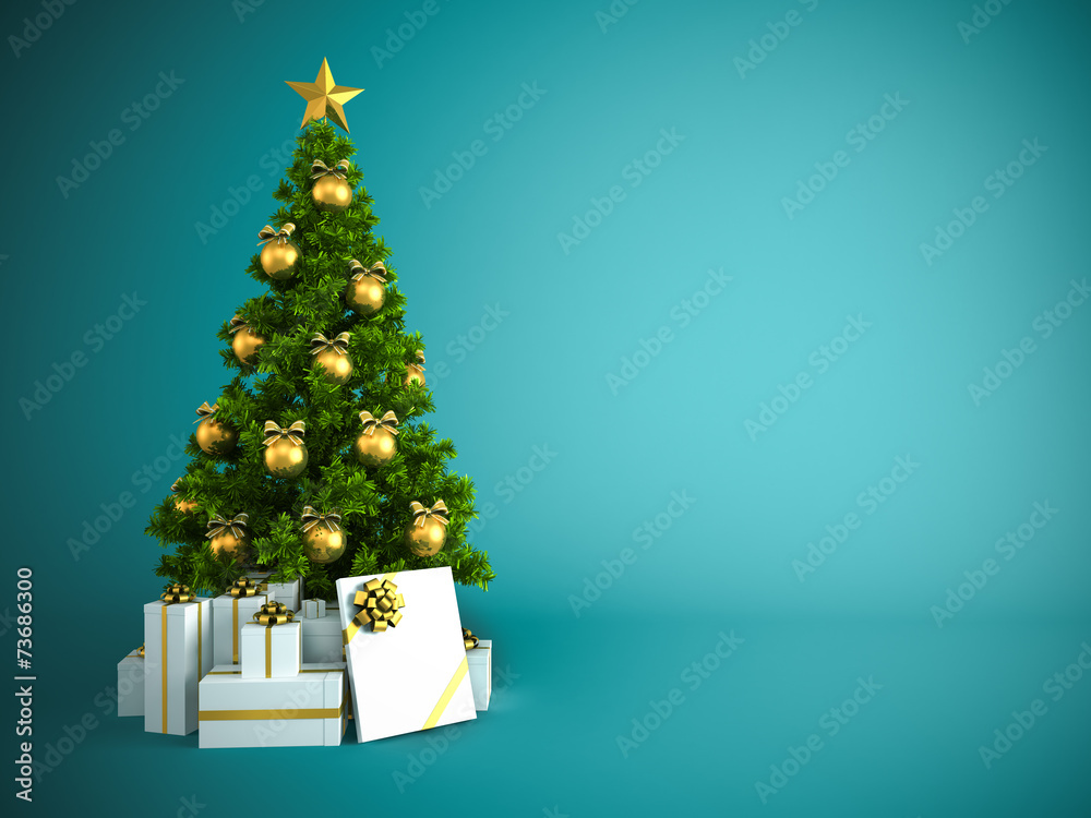 Fototapeta premium Christmas tree with gold decor isolated on blue background