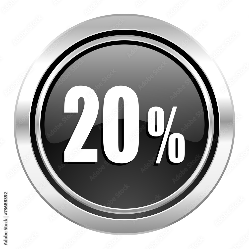 20 percent icon, black chrome button, sale sign 20 percent icon, black chrome button, sale sign