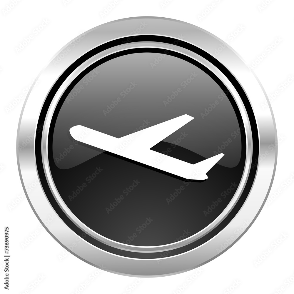 deparures icon, black chrome button, plane sign deparures icon, black chrome button, plane sign