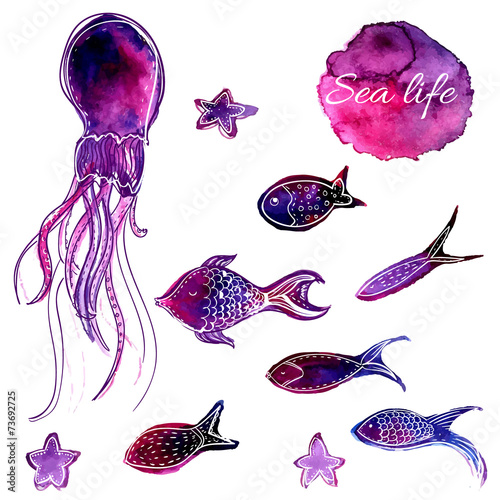 Hand drawn watercolor underwater fishes and octopus