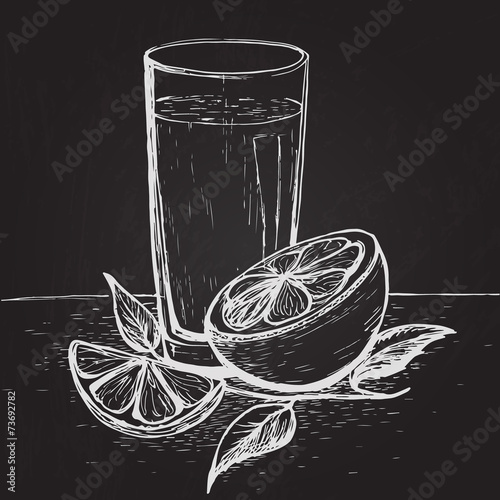 Hand drawn juice with orange on the blackboard