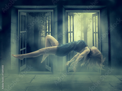 Obraz na plátne Levitating young woman in her house