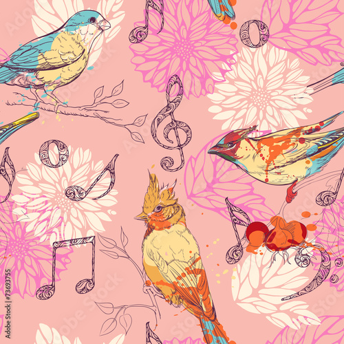 pattern with birds  flowers and musical symbols