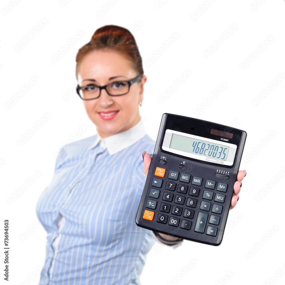 Woman accountant show calculator Woman accountant show calculator